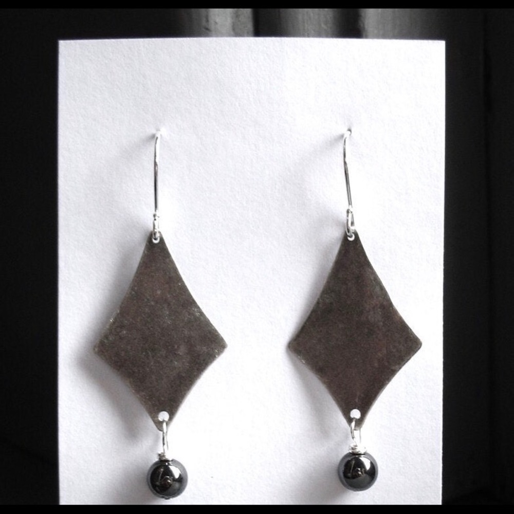 New Hematite Stone Earrings , Handmade Metalwork